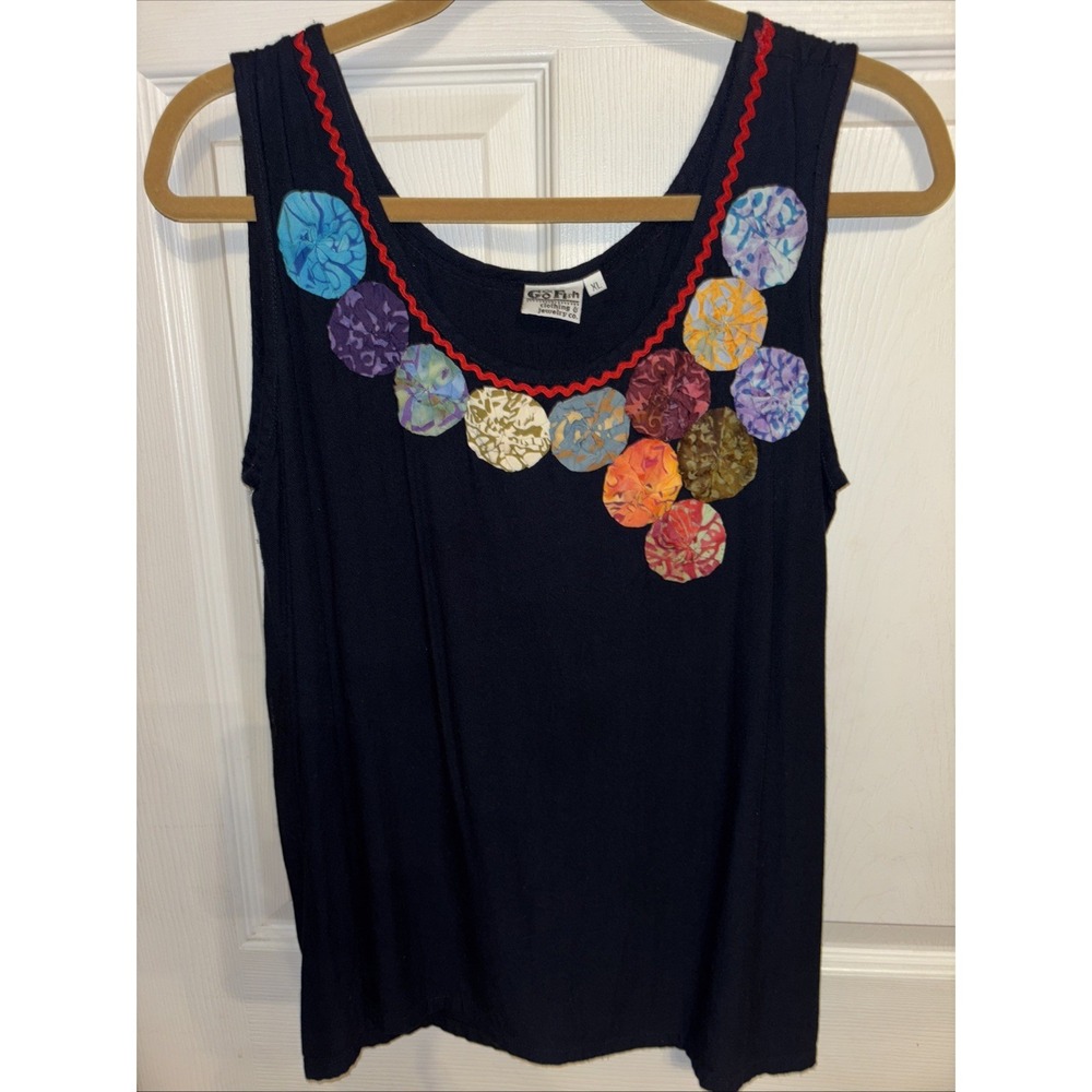 GO Fish Ricrac Tank XL Navy Multicolor Floral Yo-Yos 3D Top Cottage Artsy Rayon